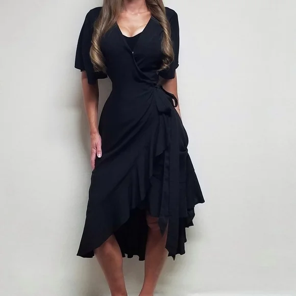 KOKO+MASON Black V-neck Asymmetric Ruffle Hem Butterfly Sleeve Wrap Dress Medium - Picture 2 of 16